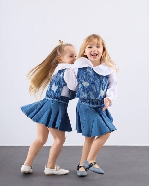 Asar Kids Denim Etek ve Süveter Gömlek 3'lü Takım - Mavi