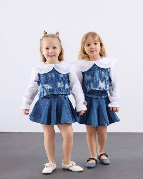 Asar Kids Denim Etek ve Süveter Gömlek 3'lü Takım - Mavi