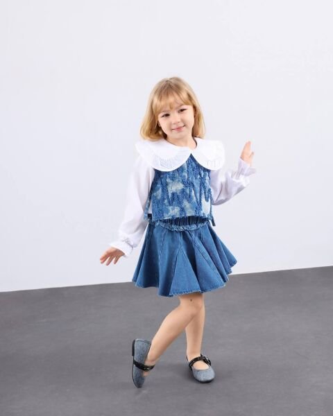 Asar Kids Denim Etek ve Süveter Gömlek 3'lü Takım - Mavi