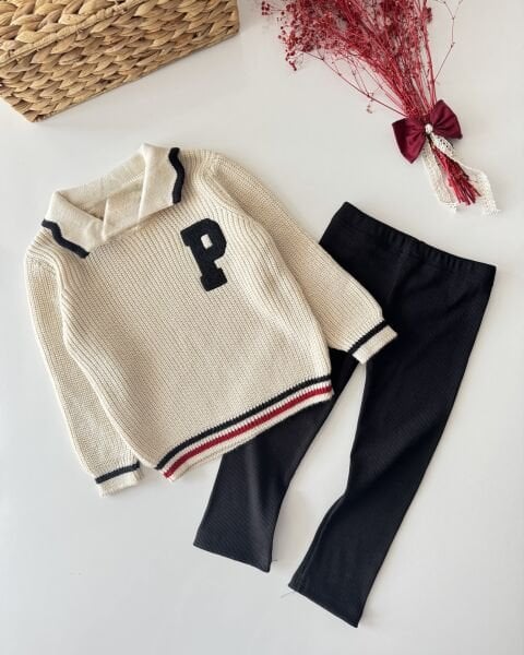 Triko Kazak Ribana Tayt Takım - Krem