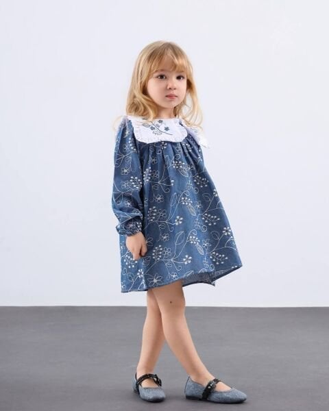 Asar Kids Brode Kumaş Yakası Nakışlı Elbise - Mavi