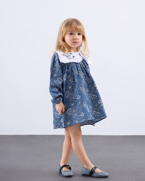 Asar Kids Brode Kumaş Yakası Nakışlı Elbise - Mavi