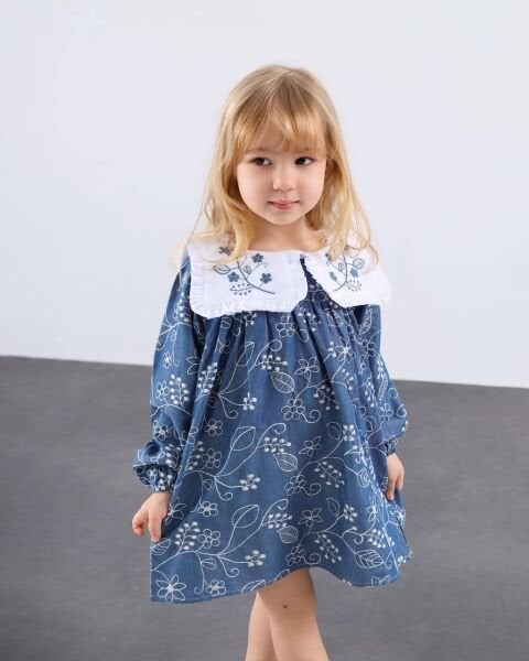 Asar Kids Brode Kumaş Yakası Nakışlı Elbise - Mavi