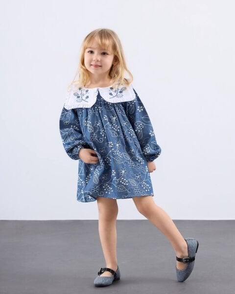 Asar Kids Brode Kumaş Yakası Nakışlı Elbise - Mavi