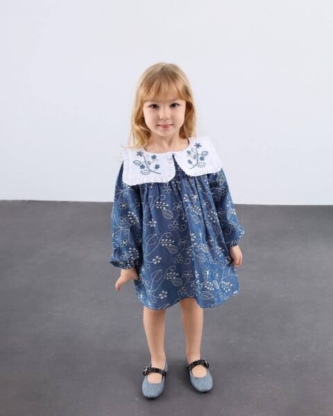 Asar Kids Brode Kumaş Yakası Nakışlı Elbise - Mavi