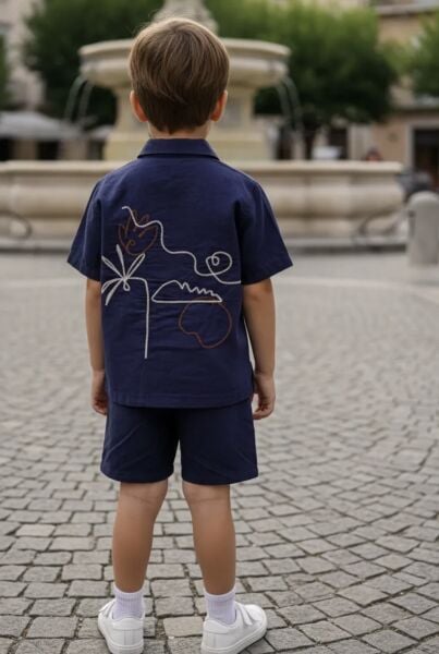 Asarkids Nakışlı Etnik Desenli Gömlek Şort 2'li Takım - Lacivert