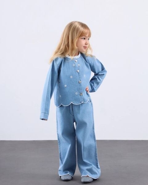 Asar Kids Özel Yaka Nakış İşlemeli Kot Takım - Mavi