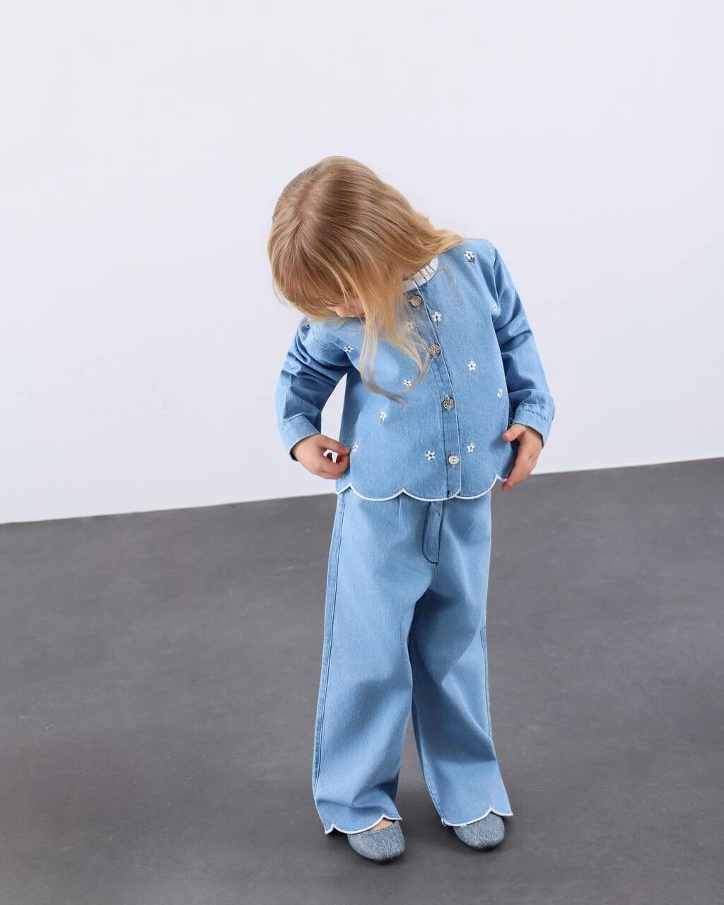 Asar Kids Özel Yaka Nakış İşlemeli Kot Takım - Mavi