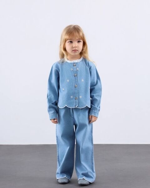 Asar Kids Özel Yaka Nakış İşlemeli Kot Takım - Mavi