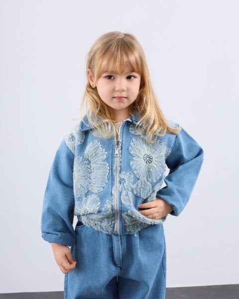 Asar Kids Önü İşlemeli Fermuarlı Denim Takım - Mavi