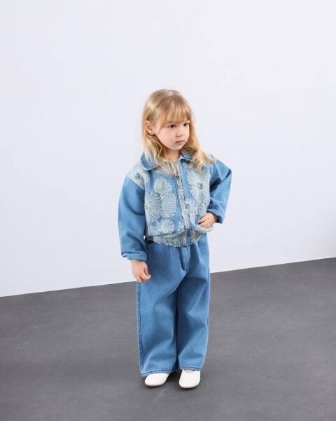 Asar Kids Önü İşlemeli Fermuarlı Denim Takım - Mavi