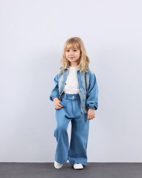 Asar Kids Önü İşlemeli Fermuarlı Denim Takım - Mavi