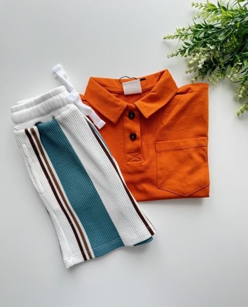 Çizgili Şortlu Bohemian Yaman Takım - Kiremit