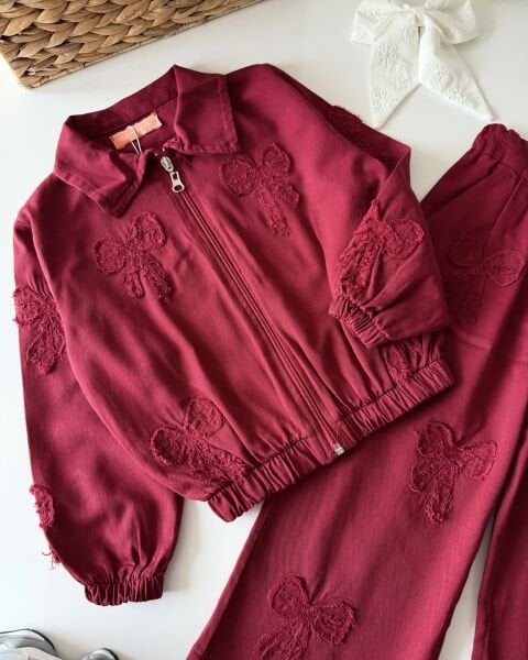 Asar Kids Kurdela Kabartma İşlemeli Fermuarlı Takım - Bordo