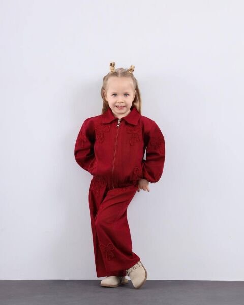 Asar Kids Kurdela Kabartma İşlemeli Fermuarlı Takım - Bordo