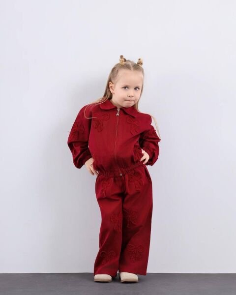 Asar Kids Kurdela Kabartma İşlemeli Fermuarlı Takım - Bordo