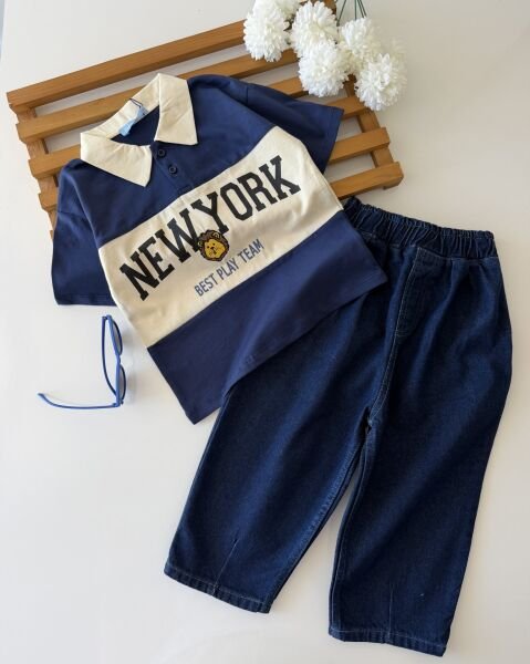 Asar Kids NY  Sloganlı Polo Yaka Tişört - Krem Lacivert