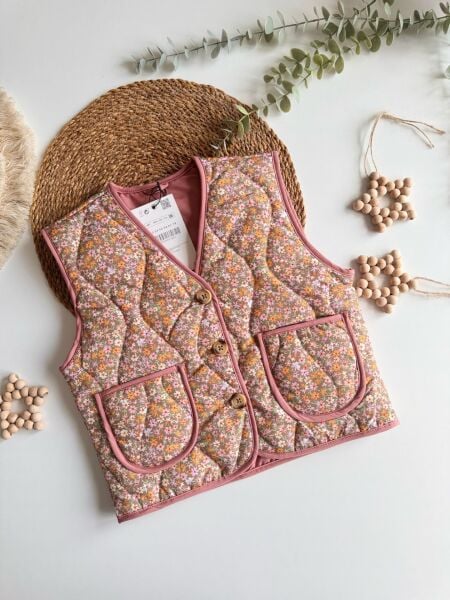 Çiçekli Kapitone Cepli Defne Yelek - Pembe