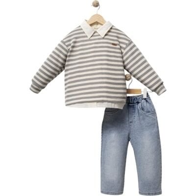 Triko Kazak Gömlek Pantolon 3'lü Set - Çizgili Kahve