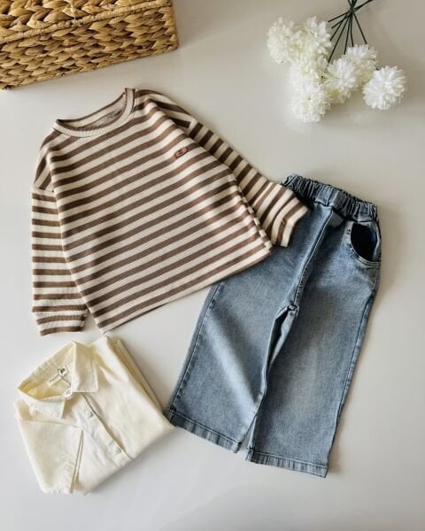 Triko Kazak Gömlek Pantolon 3'lü Set - Çizgili Kahve