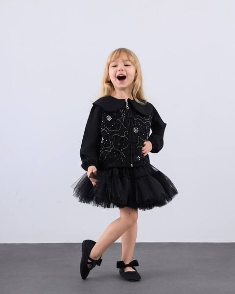 Asar Kids Önü İnci Detaylı 2'li Tütü Takım - Siyah