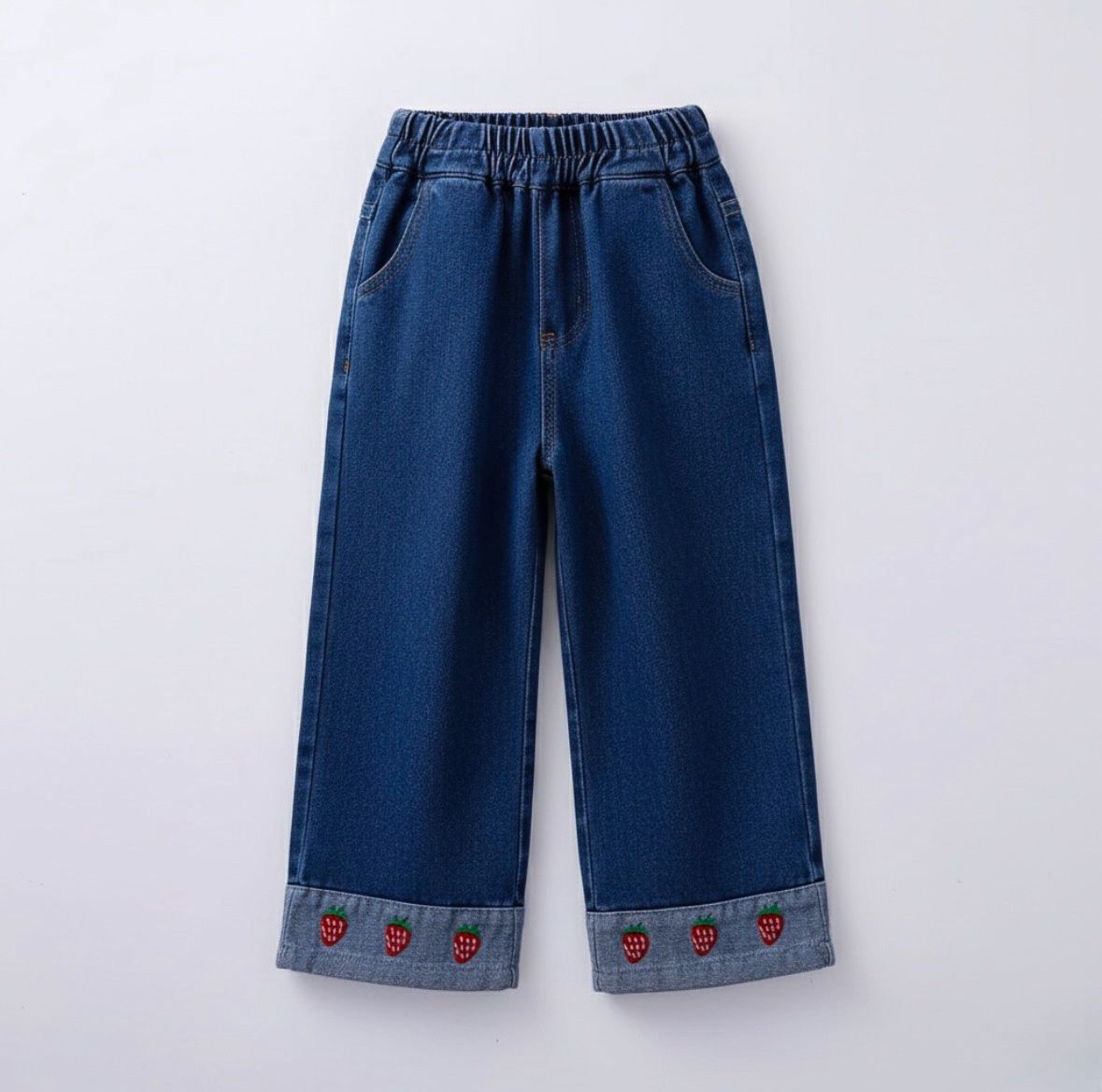 Paçaları Çilek Nakışlı Denim Pantolon - Mavi