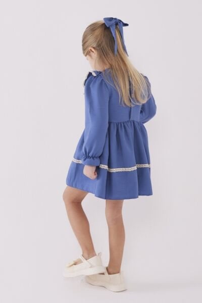 Asarkids Kanaviçe Nakışlı Fisto Biyeli Elbise - Mavi