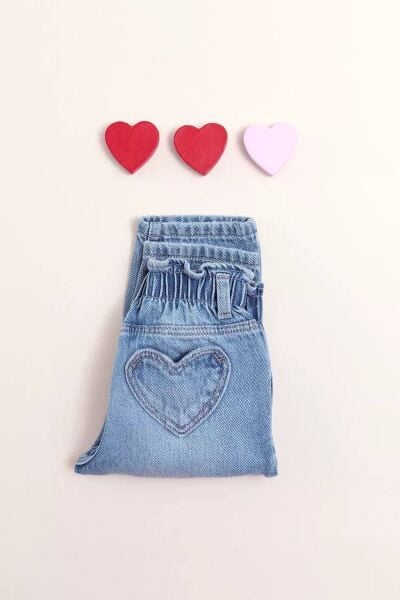 Kalp Baskılı Denim Pantolon - Mavi