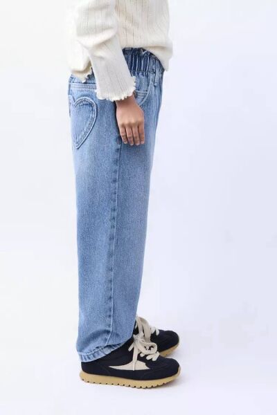 Kalp Baskılı Denim Pantolon - Mavi