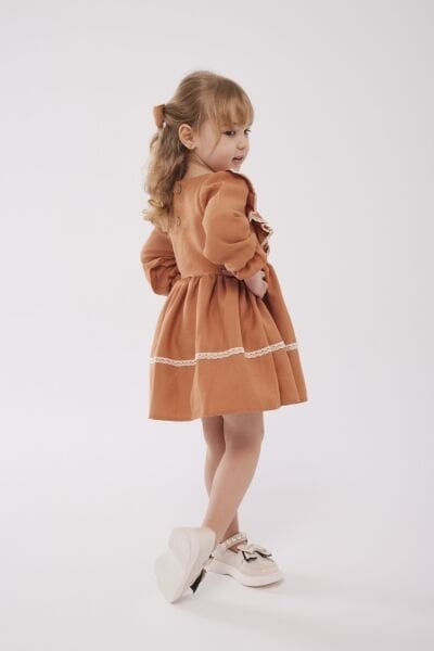 Asarkids Kanaviçe Nakışlı Fisto Biyeli Elbise - Turuncu