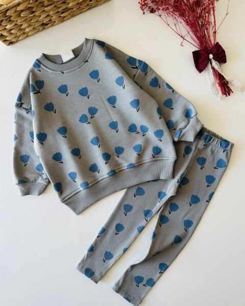 Çiçek Desenli Taytlı Takım - Füme