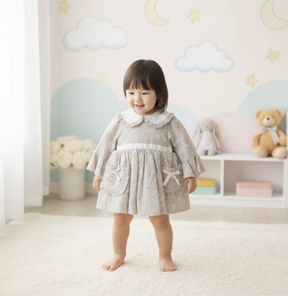 Asar Kids Brode Kumaş Elbise - Bej