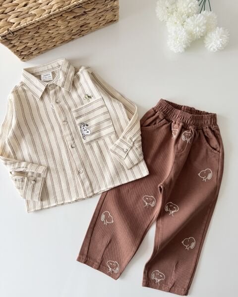 Asar Kids Karakter Baskılı Gömlek Pantolon Takım - Kahve Çizgili