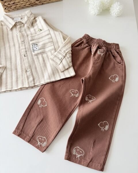 Asar Kids Karakter Baskılı Gömlek Pantolon Takım - Kahve Çizgili