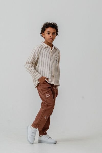 Asar Kids Karakter Baskılı Gömlek Pantolon Takım - Kahve Çizgili