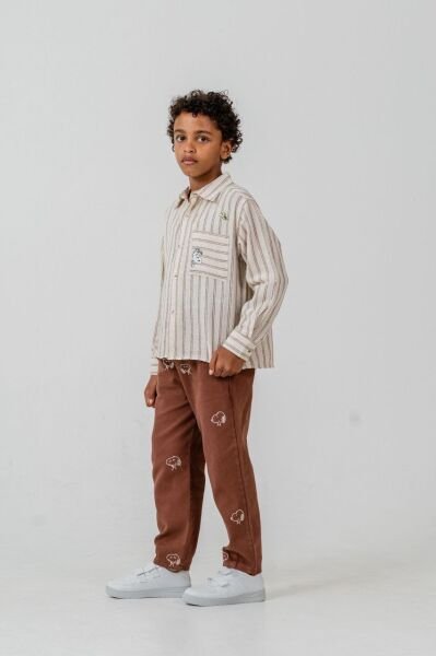 Asar Kids Karakter Baskılı Gömlek Pantolon Takım - Kahve Çizgili