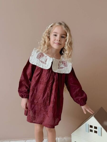 Yaka Nakışlı Brode Nakışlı Elbise - Bordo