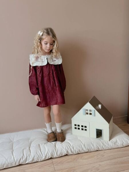 Yaka Nakışlı Brode Nakışlı Elbise - Bordo