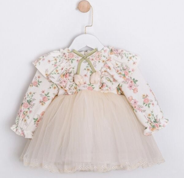 Asar Kids Çiçekli Lale Aplikeli Elbise - Krem