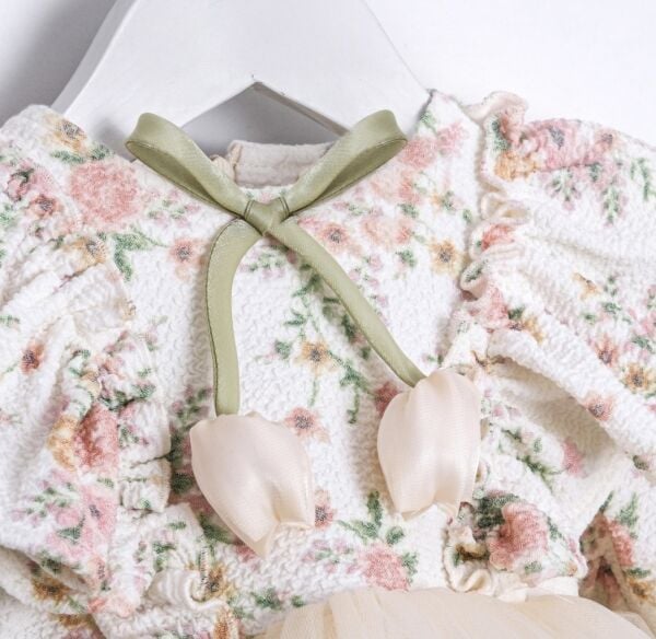 Asar Kids Çiçekli Lale Aplikeli Elbise - Krem