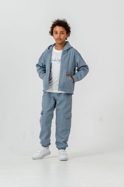 Asar Kids Kapüşonlu Kargo Cepli Gabardin 3'lü Takım - Mavi