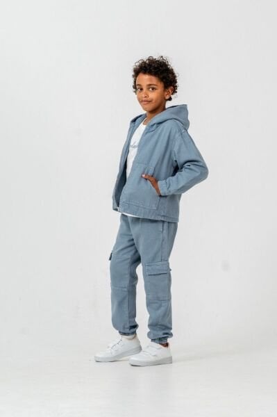 Asar Kids Kapüşonlu Kargo Cepli Gabardin 3'lü Takım - Mavi