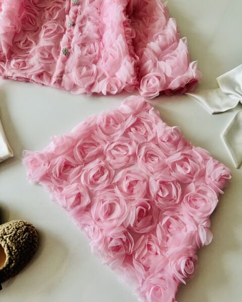 Güllü Etekli 3'lü Set - Pembe