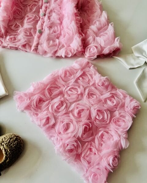 Güllü Etekli 3'lü Set - Pembe