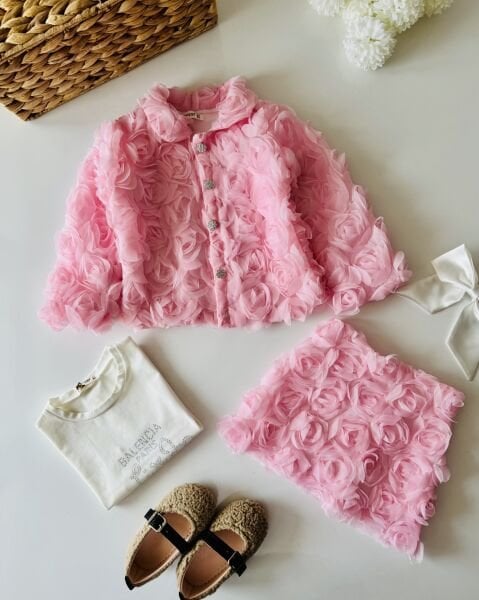 Güllü Etekli 3'lü Set - Pembe