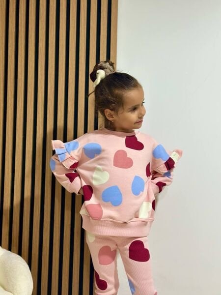 Kolları Fırfırlı Kalp Desenli Taytlı Takım - Pembe