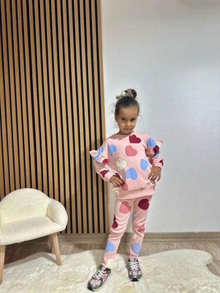 Kolları Fırfırlı Kalp Desenli Taytlı Takım - Pembe