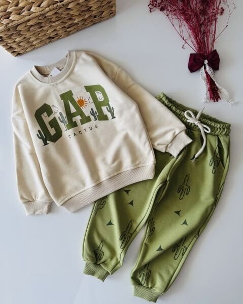 Logolu Kaktüs Baskılı Takım - Yeşil