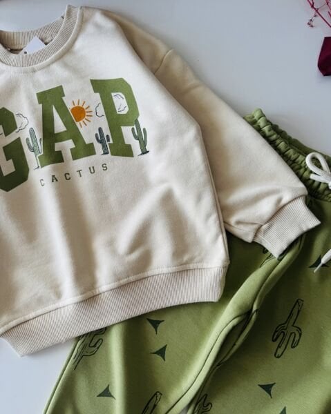 Logolu Kaktüs Baskılı Takım - Yeşil