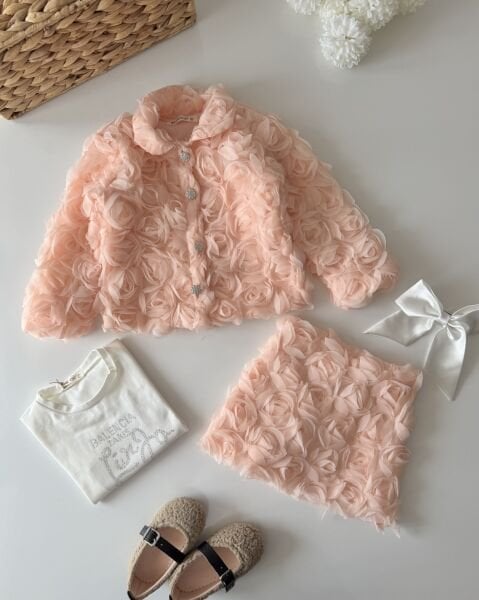 Güllü Etekli 3'lü Set - Somon